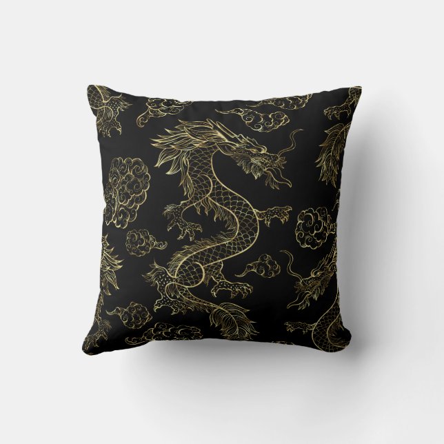 Chinesischer Drache Gold und Schwarz Kissen (Rückseite)