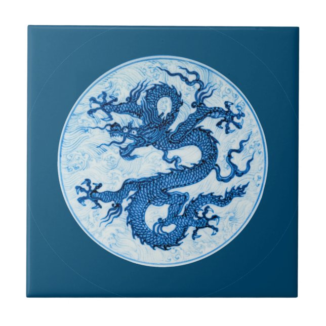 Chinesischer Drache, Indigoblau und Weiße Keramik  Fliese (Vorderseite)