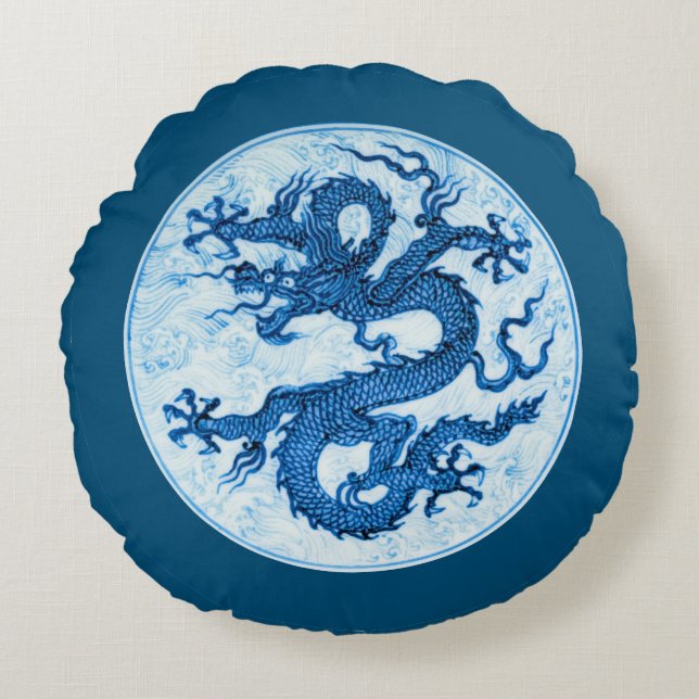Chinesischer Drache, Indigoblau und Weißer Rundpfe Rundes Kissen (Vorderseite)