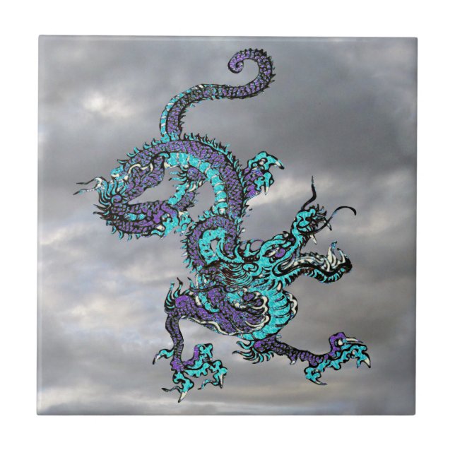 Chinesischer Drache Lila und Blau v16 Fliese (Vorderseite)