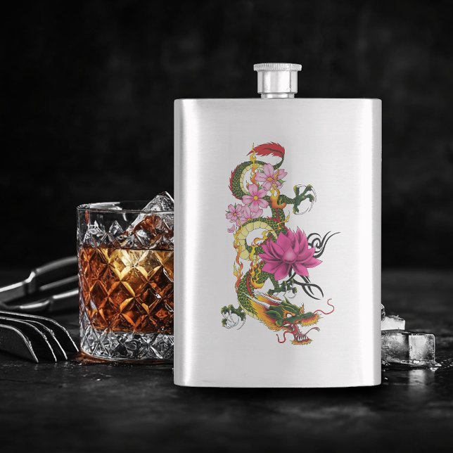 Chinesischer Drache Lotus Cherry Blüten Flachmann (Von Creator hochgeladen)