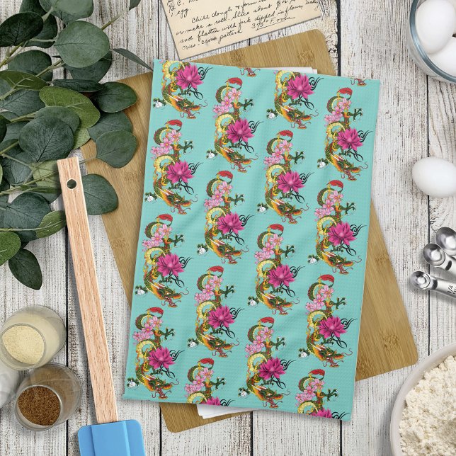 Chinesischer Drache Lotus Cherry Blüten Geschirrtuch (Von Creator hochgeladen)