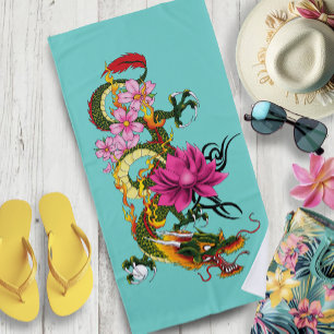 Chinesischer Drache Lotus Cherry Blüten Strandtuch