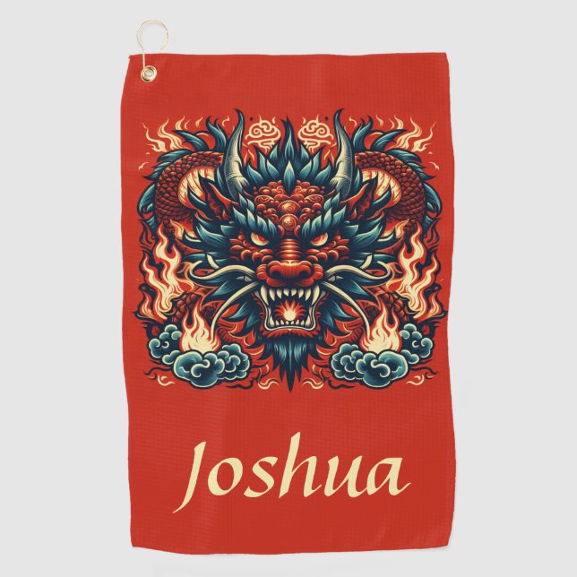 Chinesischer Drache mit Flammen Golfhandtuch (Vorderseite)