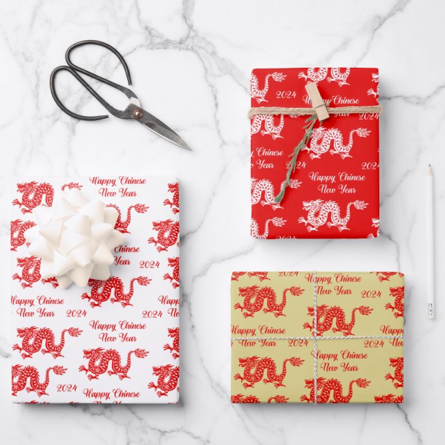 Chinesischer Drache - Neues Jahr 2024 Geschenkpapier Set (Vorderseite)