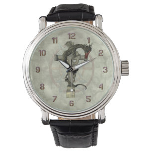 Chinesischer Drache u. keltisches Kreuz Armbanduhr