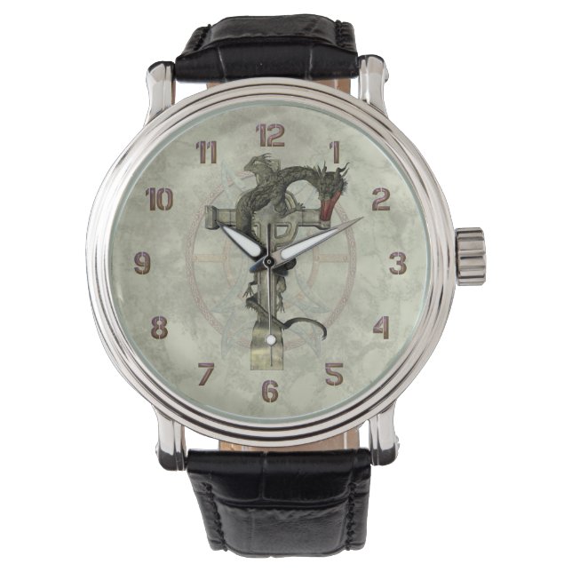 Chinesischer Drache und keltisches Kreuz Armbanduhr (Vorderseite)