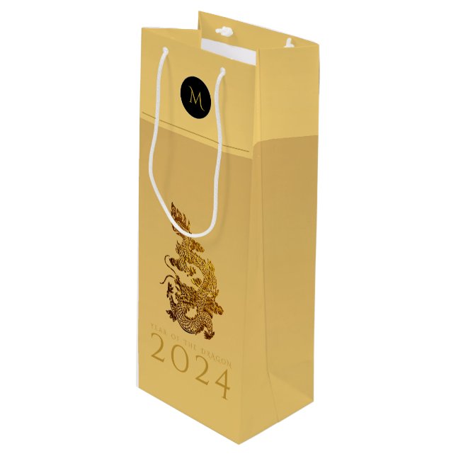Chinesischer Drachenjahr 2024 Elegant Monogram WGB Geschenktüte Für Weinflaschen (Vorderseite Schrägansicht)