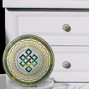 Chinesischer Endlosknoten Blaue Marmor und Gold Keramikknauf