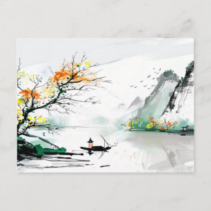 Chinesischer Fischer an einem Bergsee Postkarte