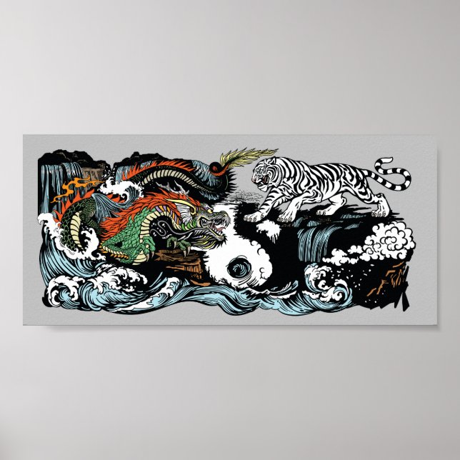 Chinesischer Grüner Drache gegen Weißer Tiger Poster (Vorne)