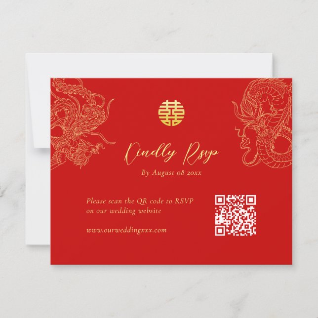 Chinesischer Hochzeitdrache Phönix QR-Code RSVP Karte (Vorderseite)