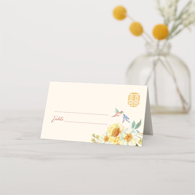 Chinesischer Hochzeitgelber Blumenvogel Platzkarte (Vorderseite)