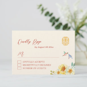 Chinesischer Hochzeitgelber Blumenvogel RSVP Karte