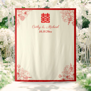 Chinesischer Hochzeits-Rot-Beige-Blumen-Foto-Hinte Wandteppich