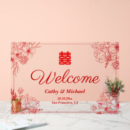 Chinesischer Hochzeitsempfang mit rotem Blumenrahm Acrylschild