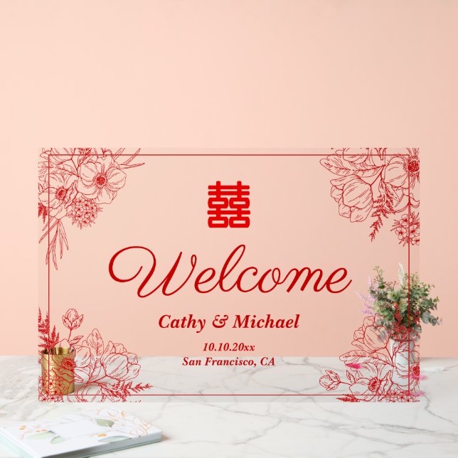 Chinesischer Hochzeitsempfang mit rotem Blumenrahm Acrylschild (Hochzeit)