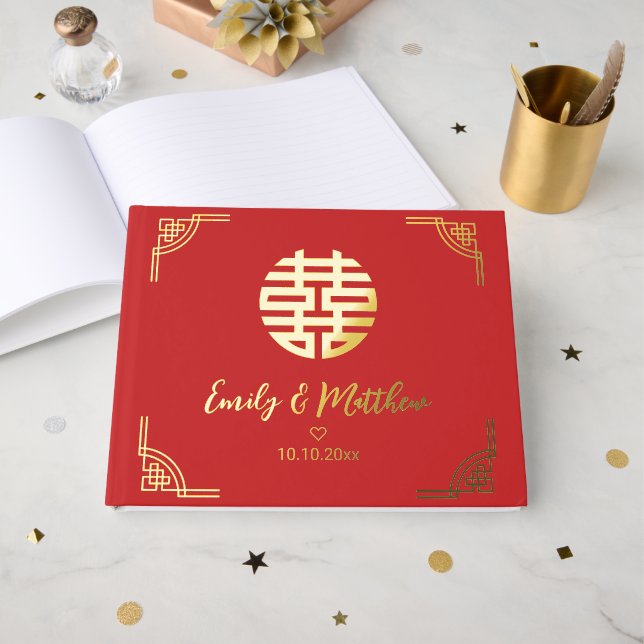 Chinesischer Hochzeitsholzrahmen mit doppeltem xi- Gästebuch (Vorderseite offen)