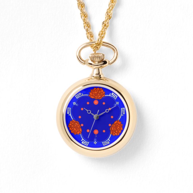 Chinesischer Lotus Blossom (Rot, Royal Blau, Silbe Armbanduhr (Vorderseite)