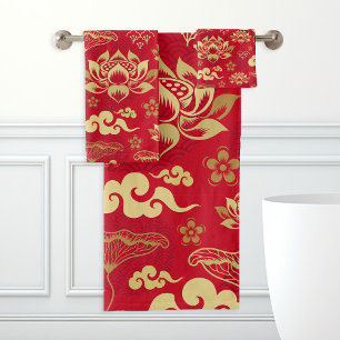 Chinesischer Lotus Floral Orientales Muster Trends Badhandtuch Set