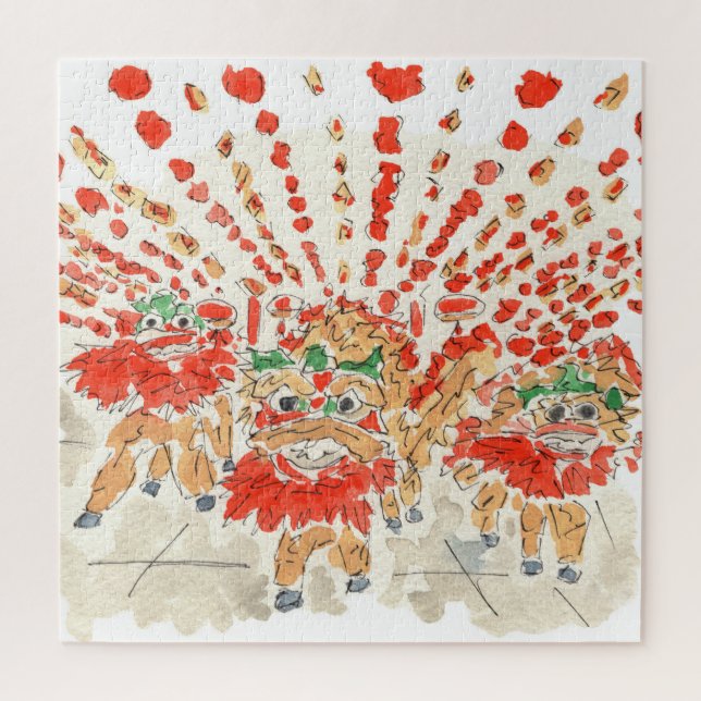 Chinesischer Löwentanz Wasserfarbe Jigsaw Puzzle (Vertikal)