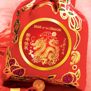 Chinesischer Mondnebst 2024 Dragon Gold Foil Red Runder Aufkleber