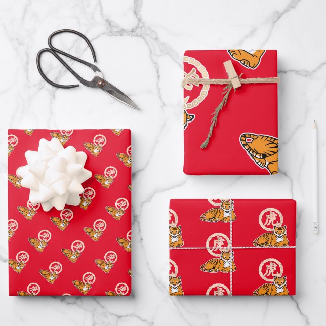 Chinesischer Montag Neujahr Tiger Zodiac Glück Geschenkpapier Set (Vorderseite)
