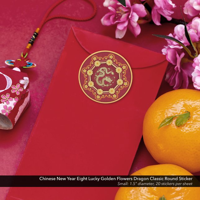 Chinesischer Neujahrsdrache Acht glückliche Golden Runder Aufkleber (Chinese New Year Eight Lucky Golden Flowers Dragon Classic Round Sticker)