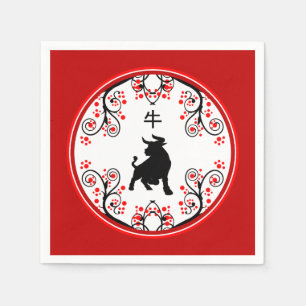 Chinesischer Neujahrsox mit roten Blüten Serviette