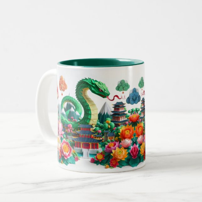 Chinesischer Neujahrsschlange 2025 Origami 2TM6 Zweifarbige Tasse (Vorderseite Links)
