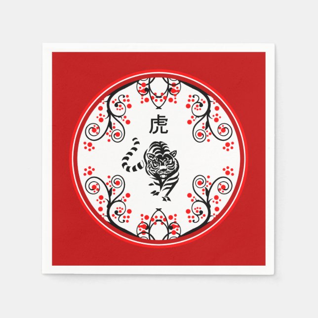 Chinesischer Neujahrstiger mit roten Blüten Serviette (Vorderseite)