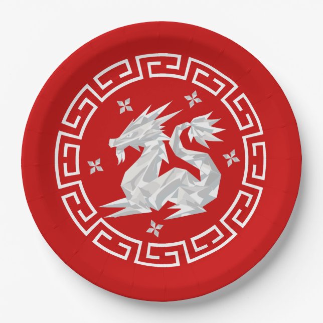 Chinesischer New Year Origami Dragon & Stars Pappteller (Vorderseite)