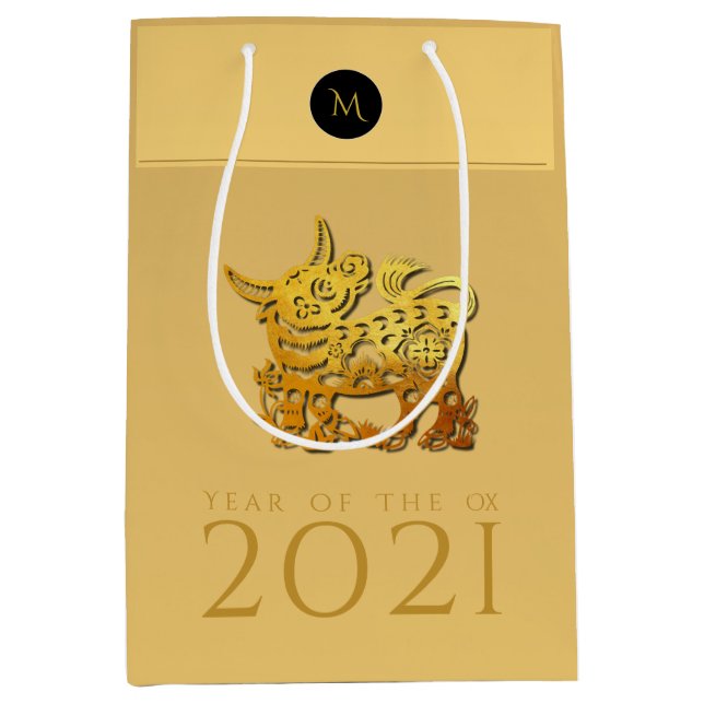 Chinesischer OX-Jahr 2021 Elegant Monogram MGB Mittlere Geschenktüte (Vorderseite)