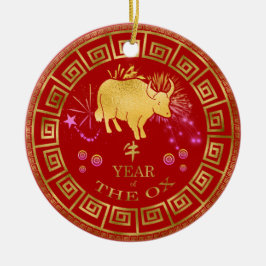 Chinesischer Ox-Rot/Gold-ID542 Keramik Ornament