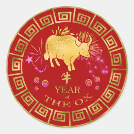 Chinesischer Ox-Rot/Gold-ID542 Runder Aufkleber
