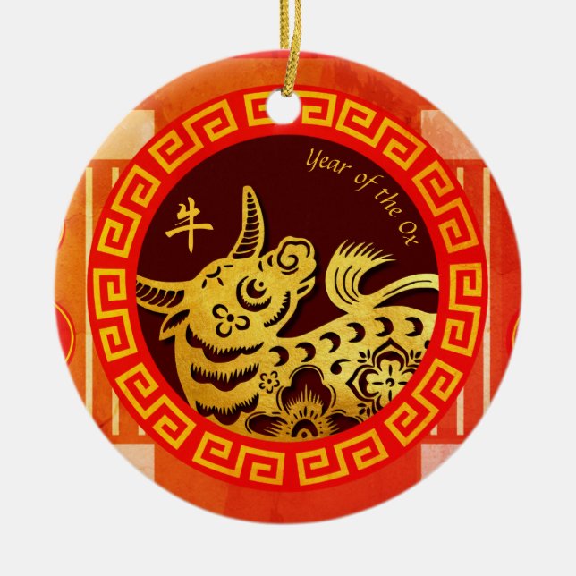 Chinesischer Palanquin Ox Year 2021 CRO Keramik Ornament (Vorne)