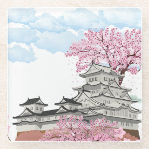 "Chinesischer Palast mit Sakura-Bäumen - Eleganter Glasuntersetzer