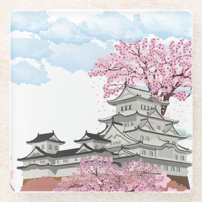 "Chinesischer Palast mit Sakura-Bäumen - Eleganter Glasuntersetzer (Vorderseite)