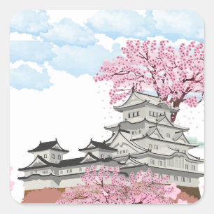 "Chinesischer Palast mit Sakura-Bäumen - Eleganter Quadratischer Aufkleber