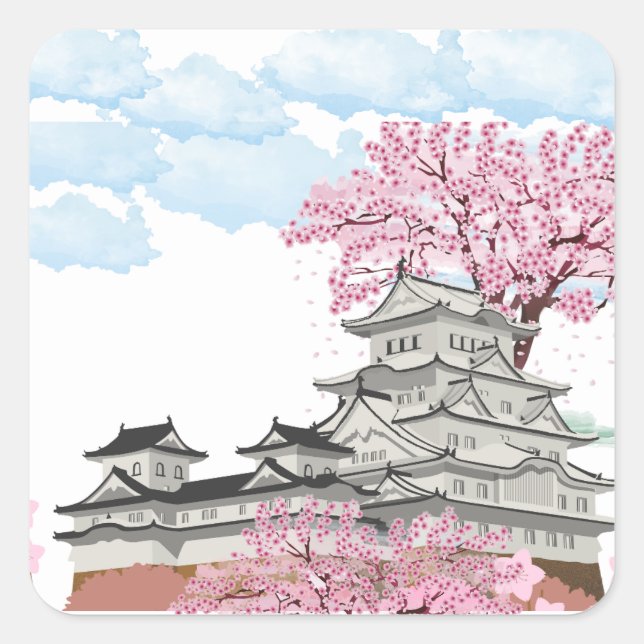 "Chinesischer Palast mit Sakura-Bäumen - Eleganter Quadratischer Aufkleber (Vorderseite)