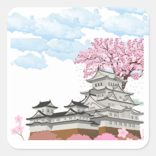 "Chinesischer Palast mit Sakura-Bäumen – Eleganter Quadratischer Aufkleber