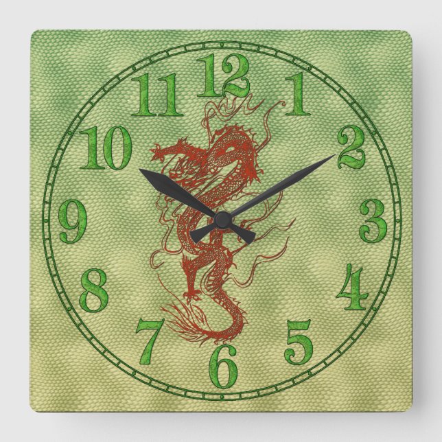 Chinesischer Red Dragon Fantasy Art Designer Gesch Quadratische Wanduhr (Vorderseite)