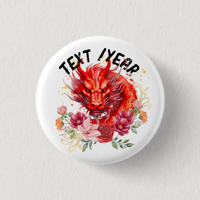 Chinesischer Roter Drache, Blume Fantasiewesen Button (Vorderseite)