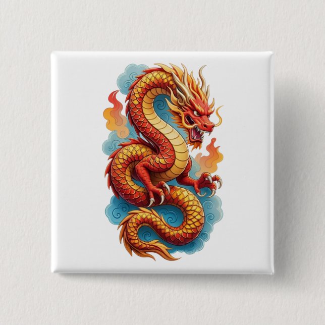 Chinesischer roter Drache feurige Illustration-675 Button (Vorderseite)