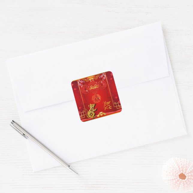 Chinesischer Roter Kt Rat Jahr 2020 Square Sticker (Umschlag)