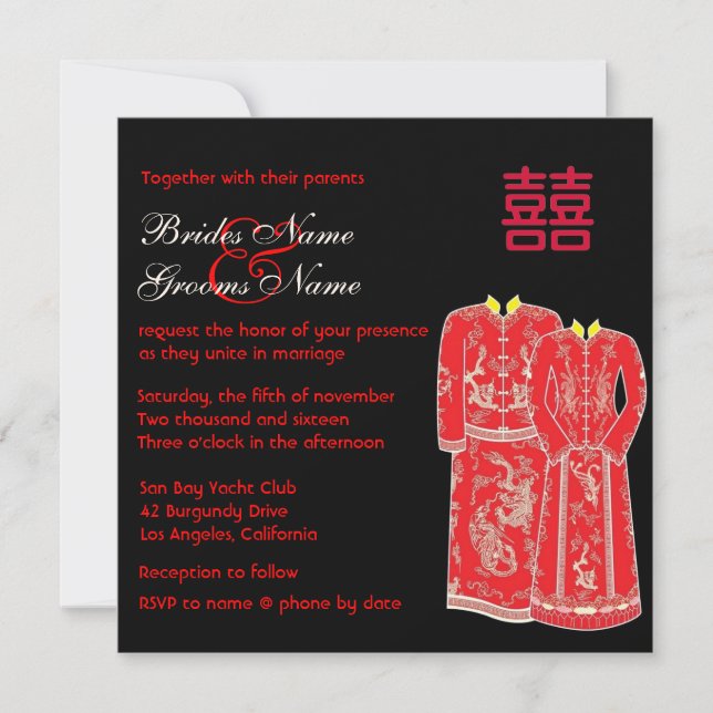 Chinesischer Tang-Anzug Doppelglückliche Hochzeit  Einladung (Vorderseite)
