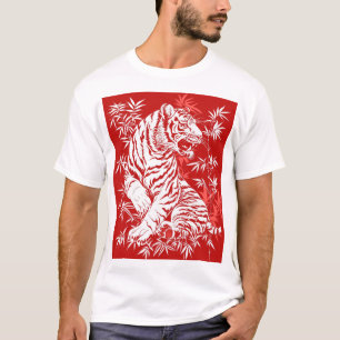 Chinesischer Tiger Papercut Kunstdruck auf rotem H T-Shirt