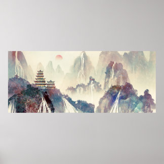Chinesischer Waldbergtempel Tinte Malerei Poster