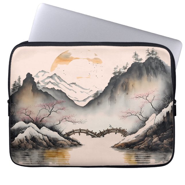 Chinesischer Winter-Fluss mit Wasserfarbe und Berg Laptopschutzhülle (Vorderseite)
