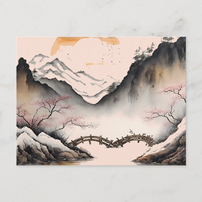 Chinesischer Winter-Fluss mit Wasserfarbe und Berg Postkarte (Vorderseite)
